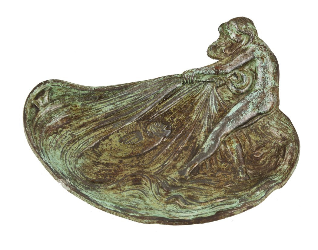 characteristically oxidized early 20th century antique american art nouveau style patinated ornamental cast iron card and/or advertising tray featuring a full-figured nude woman with curvaceous hair