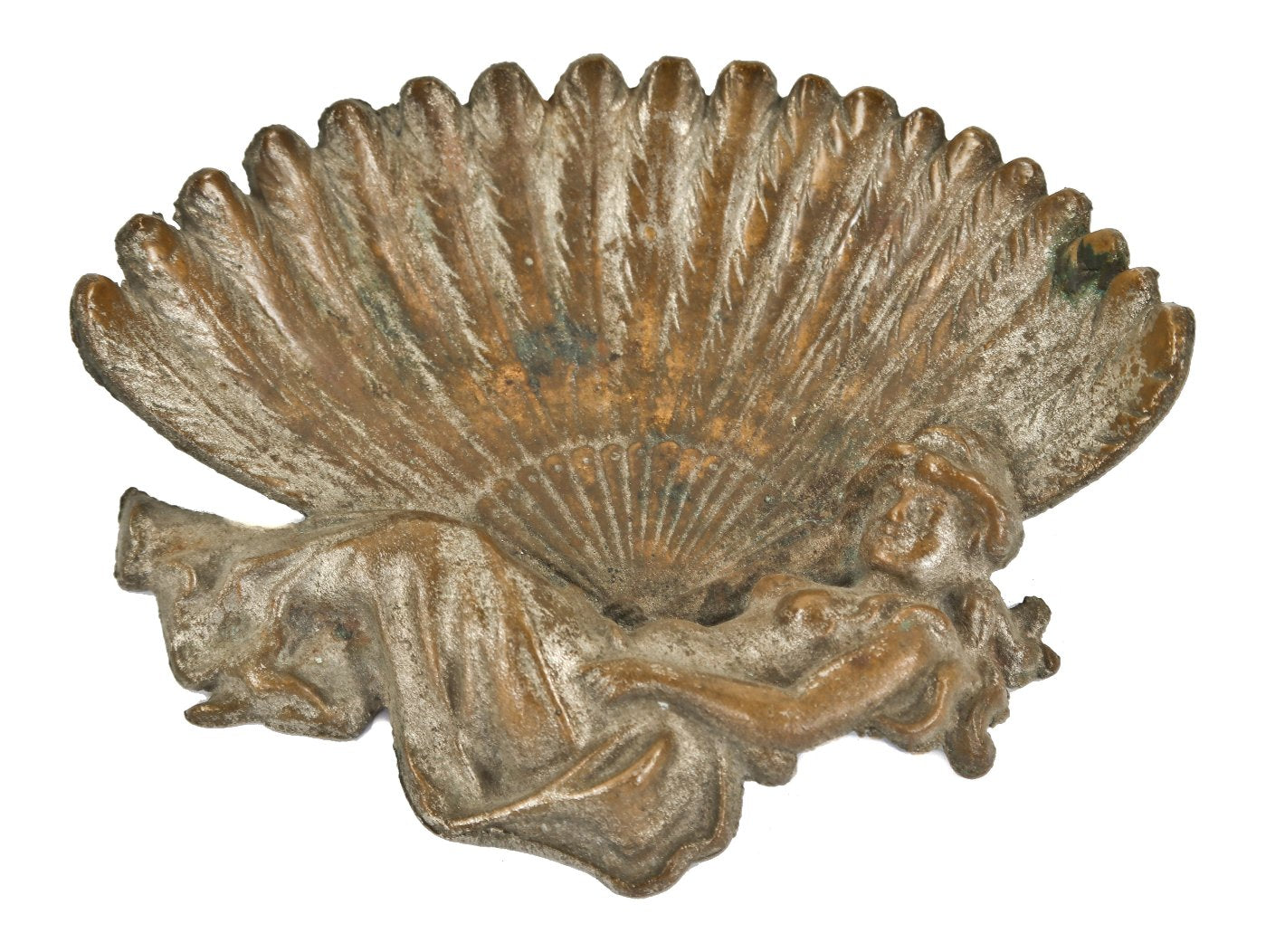 c. late 19th or early 20th century original antique american anglo-japanese style ornamental cast bronze victorian advertisement card tray with figural geisha girl with decorative fan