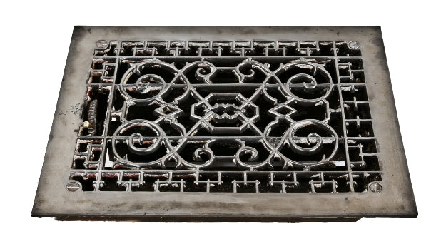 refinished late 19th century fully functional louvered ornamental cast iron interior residential floor or wall heat register or grate sealed with a clear coat lacquer