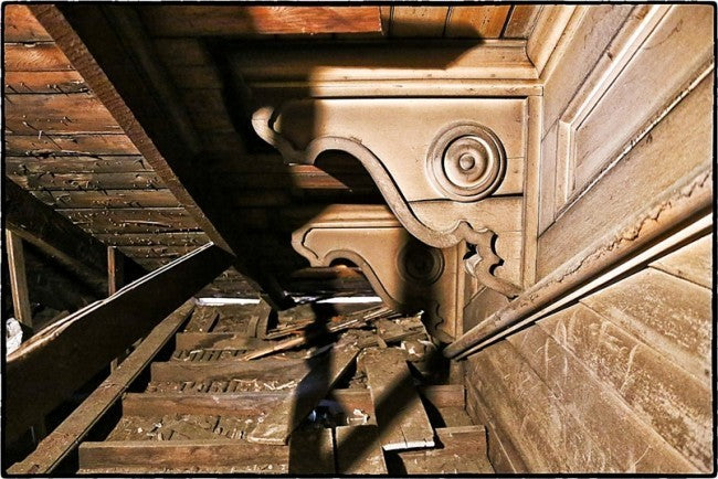 elaborate lightly cleaned and sealed c. 1855 john kent russell house painted yellow pine wood exterior eave bracket corbel or rosette turned by foot-powered lathe