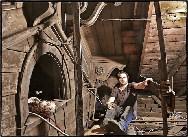 elaborate lightly cleaned and sealed c. 1855 john kent russell house painted yellow pine wood exterior eave bracket corbel or rosette turned by foot-powered lathe