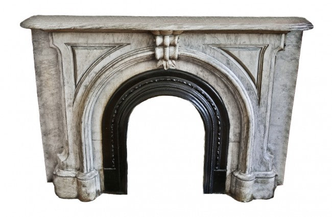 original c. 1850's antique american black enameled ornamental cast iron john kent russell residential fireplace marble mantel arch top surround with no summer cover