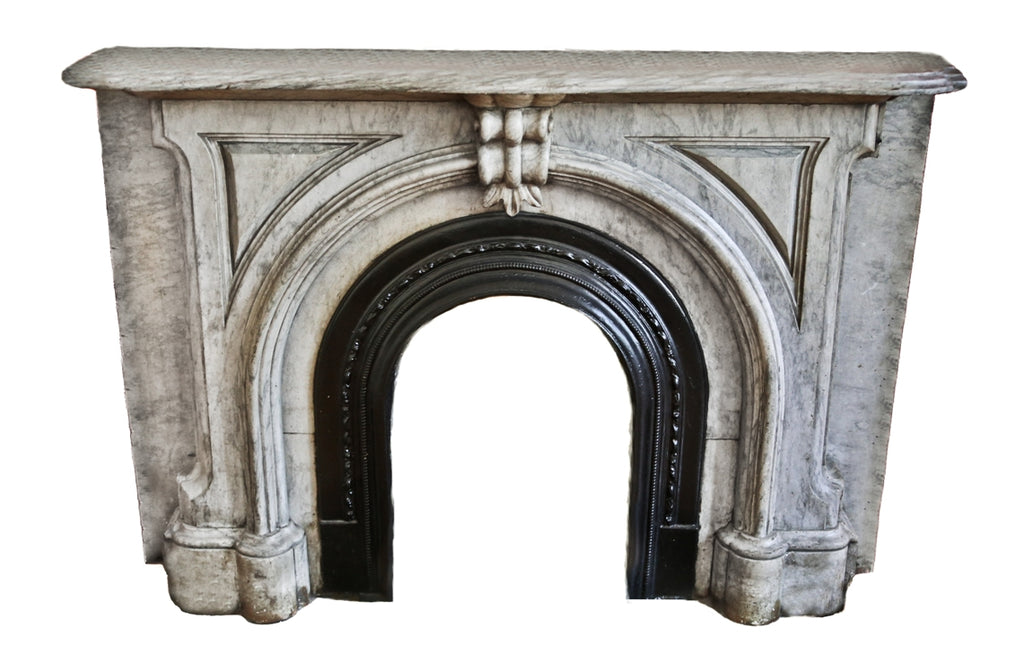 all original and perfectly intact c. 1850's john kent russell residence interior parlor room temple gray marble fireplace mantle with desirable "horseshoe" opening
