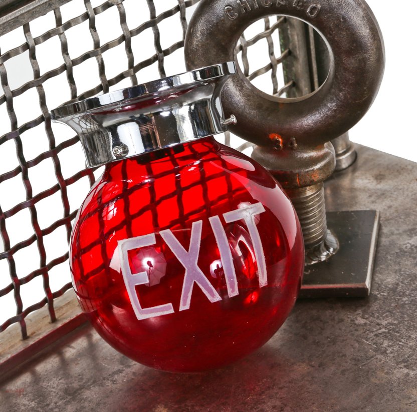 intact and fully functional c. 1930's american depression-era interior chicago commercial building hallway ceiling-mount illuminated ruby red glass exit light fixture
