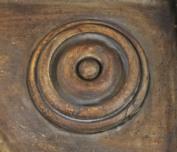 single oversized c. 1855 all original john kent russell exterior residential "bullseye" style painted pine wood corbel or bracket rosette