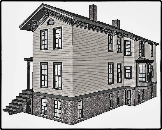 single diminutive early 1860's original antique american italianate style painted pine wood exterior residential bay window denailed bracket or corbel