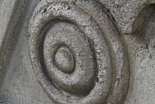 original and completely intact c. 1855 italianate style john kent russell house pine wood exterior eave bracket with opposed "bullseye" rondels