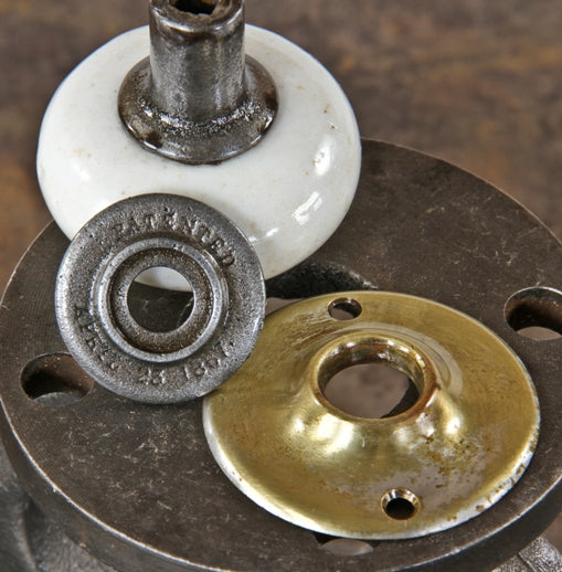 single c. 1860's antique american interior residential john kent russell residence passage door white porcelain doorknob with patented silver-plated brass rosette