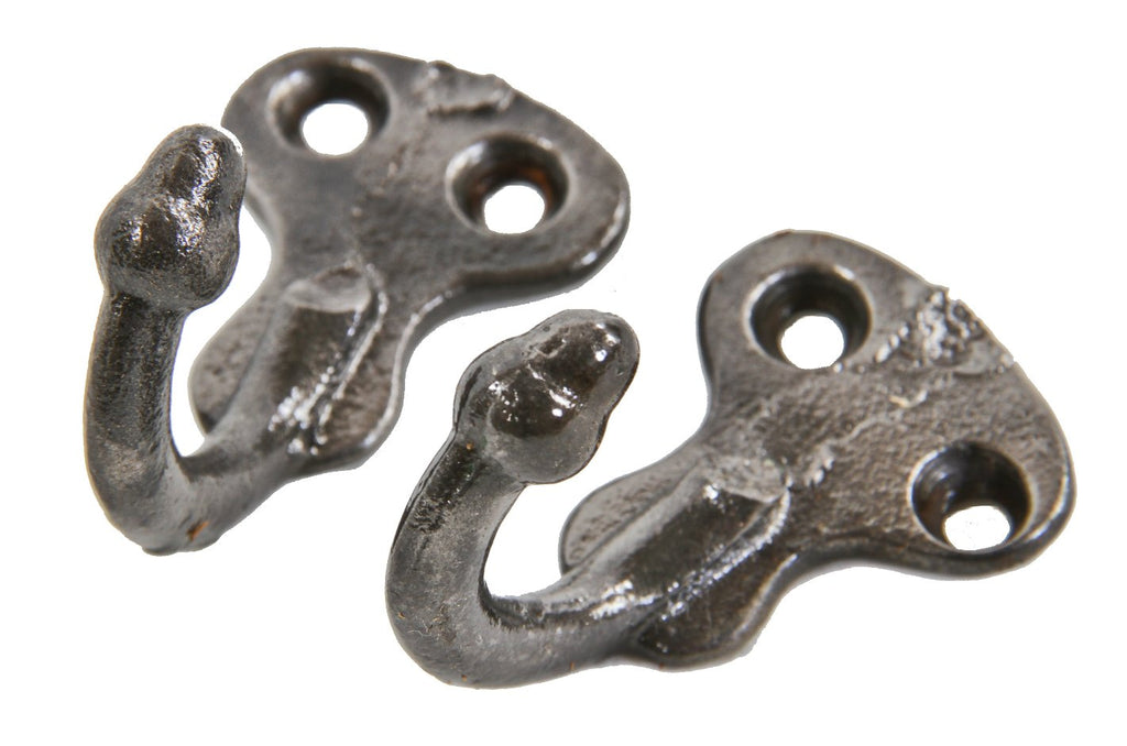 two matching original c. 1850's refinished diminutive unornamented cast iron wall-mount john kent russell house closet coat hooks with acorn finials
