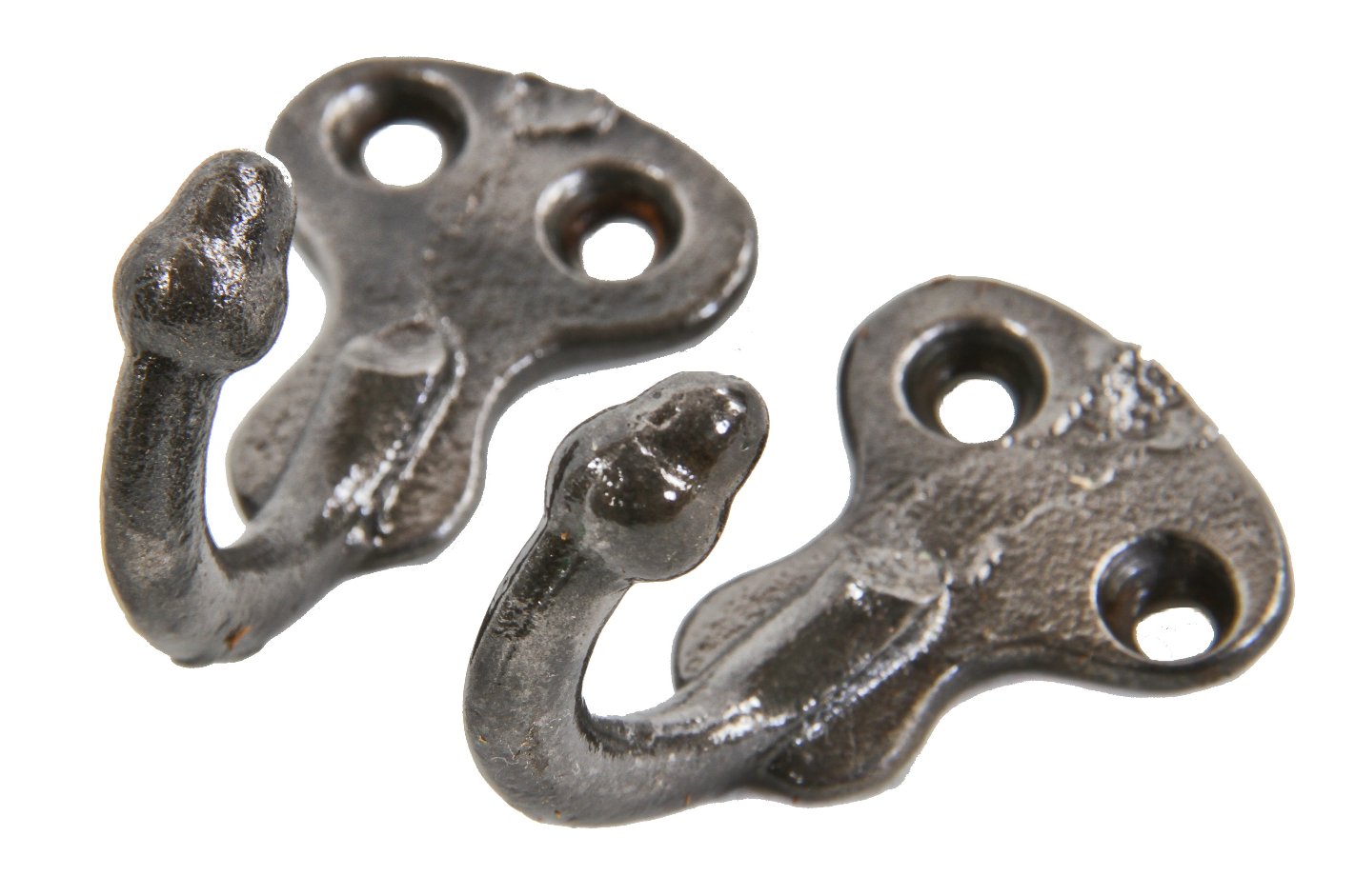 two matching original c. 1850's refinished diminutive unornamented cast iron wall-mount john kent russell house closet coat hooks with acorn finials