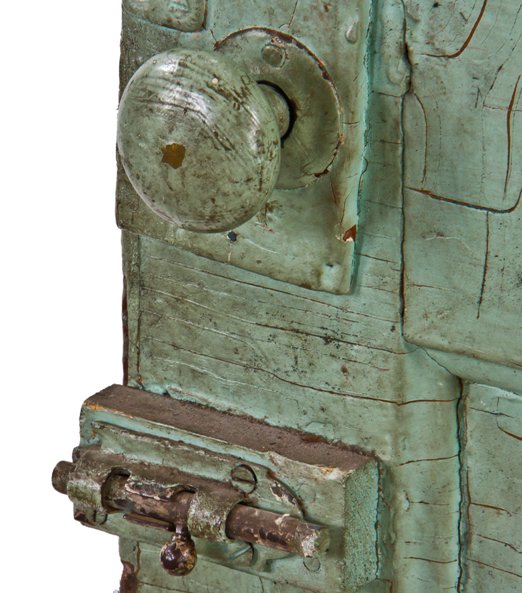 nicely aged c. 1856-60 all original pre-fire john kent russell interior residential painted pine rear entrance door with four panes of clear glass and hardware