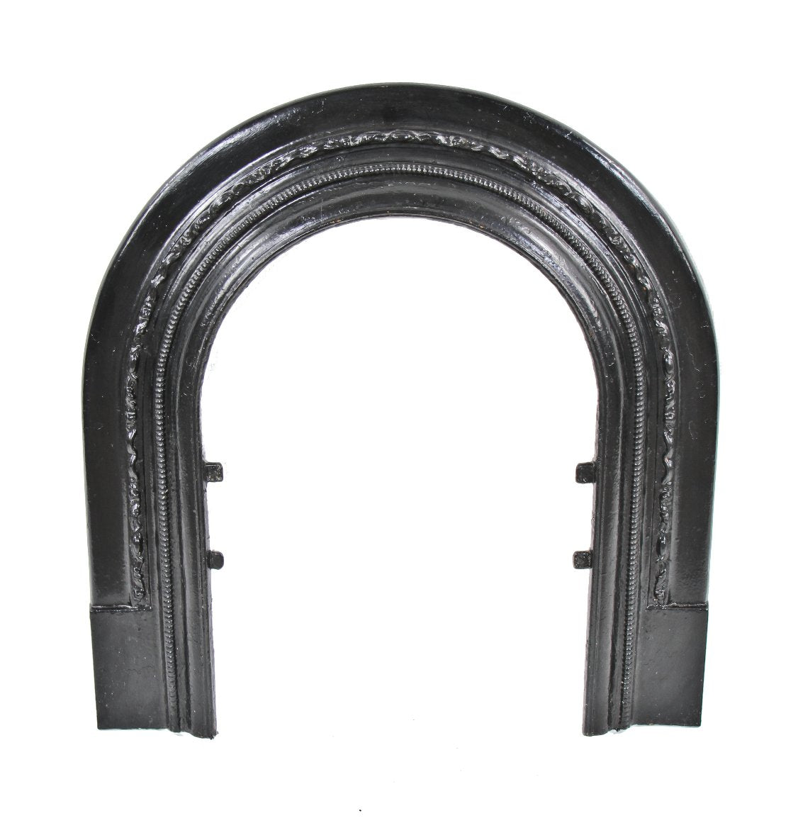 original c. 1850's antique american black enameled ornamental cast iron john kent russell residential fireplace marble mantel arch top surround with no summer cover