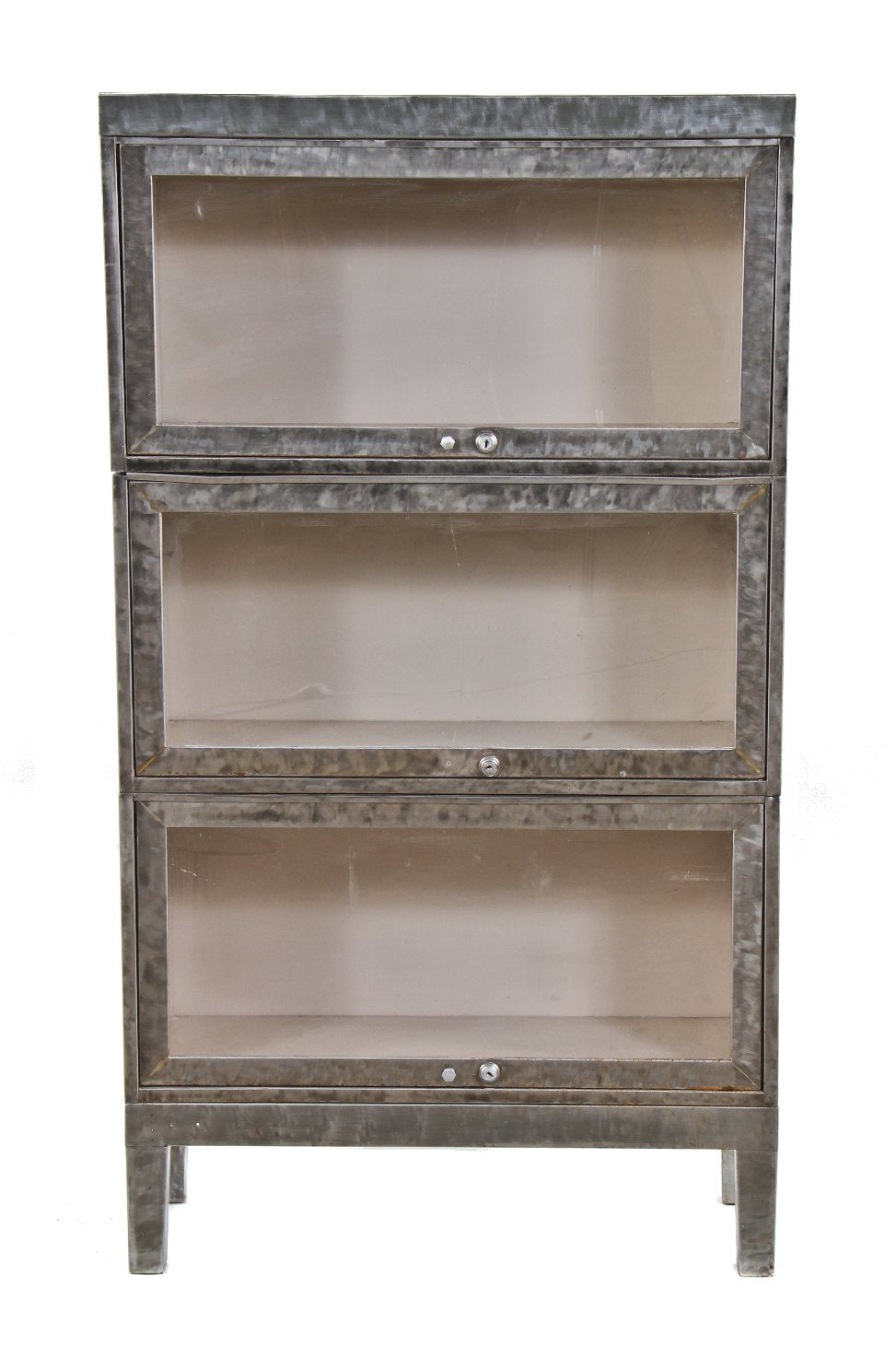 original late 1940's american vintage industrial freestanding stackable pressed and folded steel three-tier "detroit arsenal barrister bookcase with  detachable modules