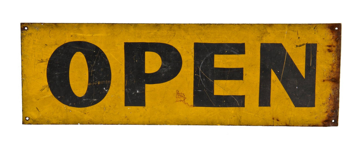 early 1940's american depression era single-sided heavy gauge steel brightly colored yellow enameled "open" storefront window sign with bold black lettering