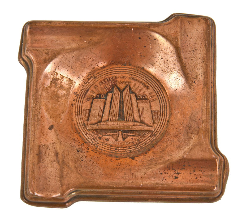 original diminutive stamped copper c. 1933-34 american art deco "century of progress" chicago world's fair pressed or stamped ash tray souvenir