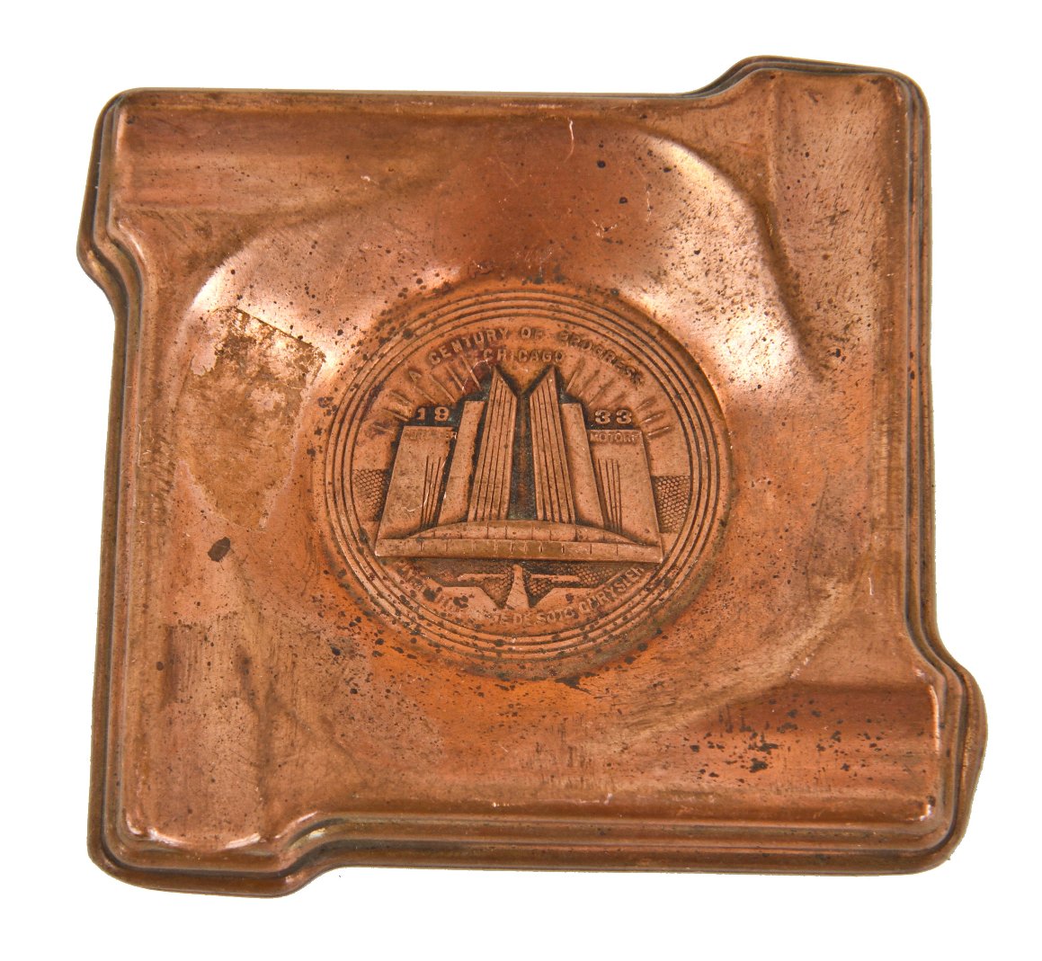original diminutive stamped copper c. 1933-34 american art deco "century of progress" chicago world's fair pressed or stamped ash tray souvenir
