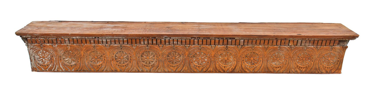 well-designed hand carved c. 19th century original richardsonian romanesque style flaming birch wood fireplace mantle shelf and frieze with detailed floral motifs