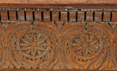 well-designed hand carved c. 19th century original richardsonian romanesque style flaming birch wood fireplace mantle shelf and frieze with detailed floral motifs