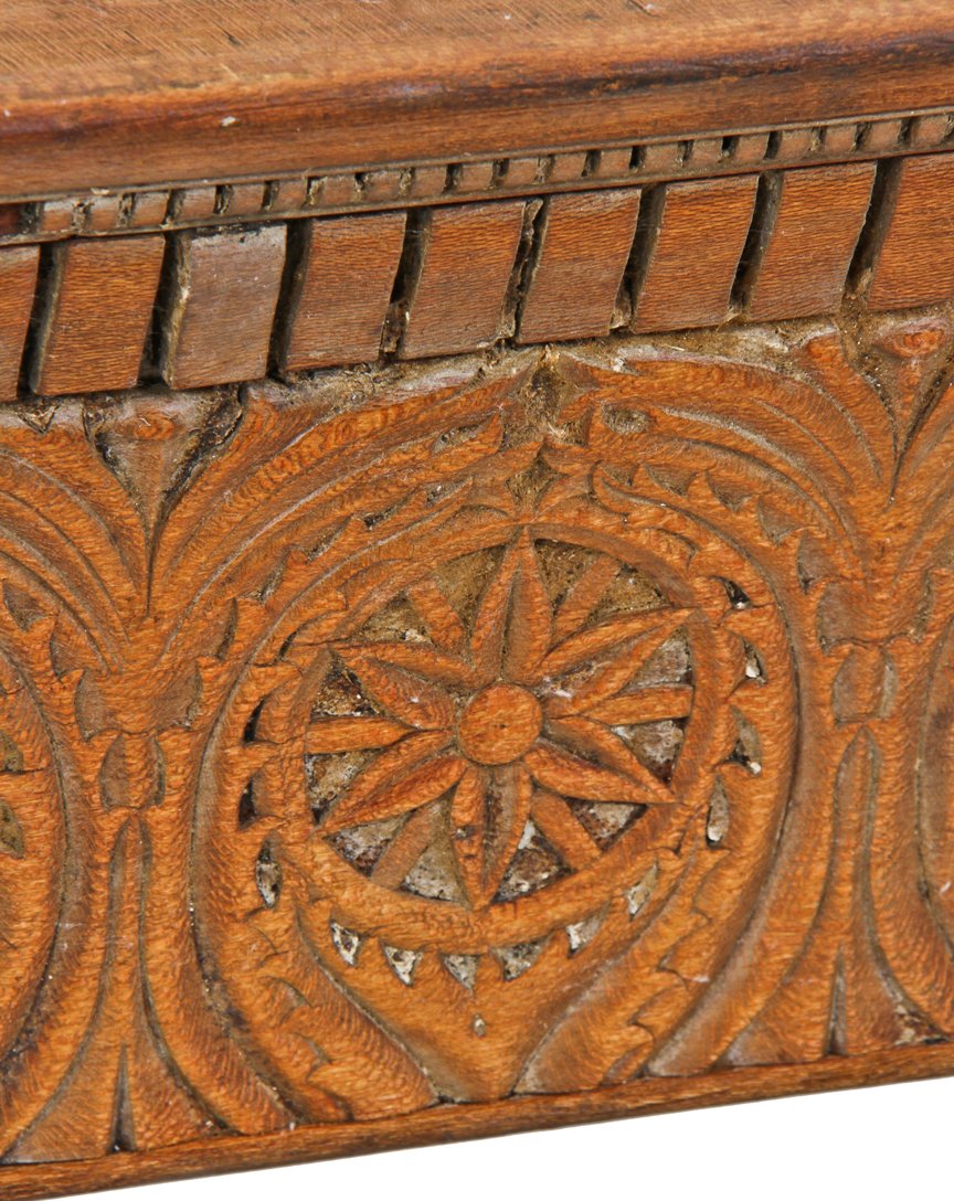 well-designed hand carved c. 19th century original richardsonian romanesque style flaming birch wood fireplace mantle shelf and frieze with detailed floral motifs