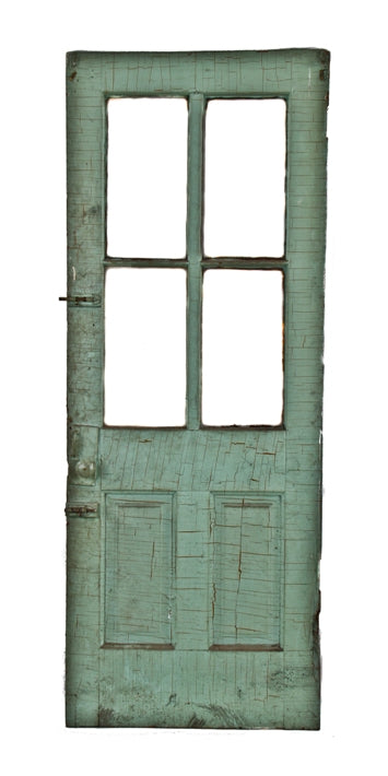 nicely aged c. 1856-60 all original pre-fire john kent russell interior residential painted pine rear entrance door with four panes of clear glass and hardware