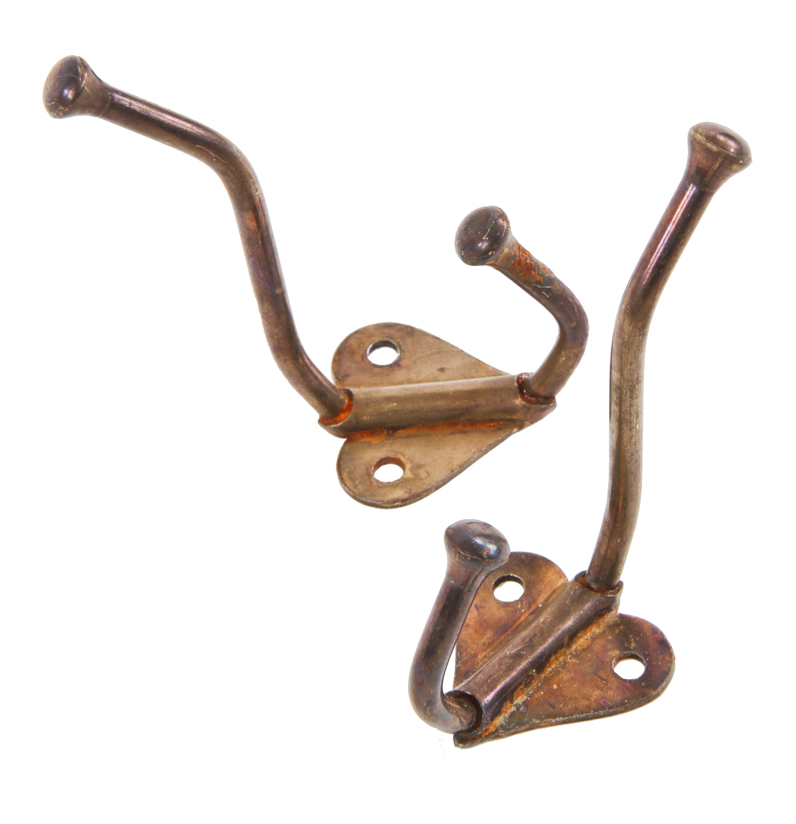 matching pair of original antique american c. 1920's unornamented copper-plated cast iron wall-mount coat hooks with unique heart-shaped backplate