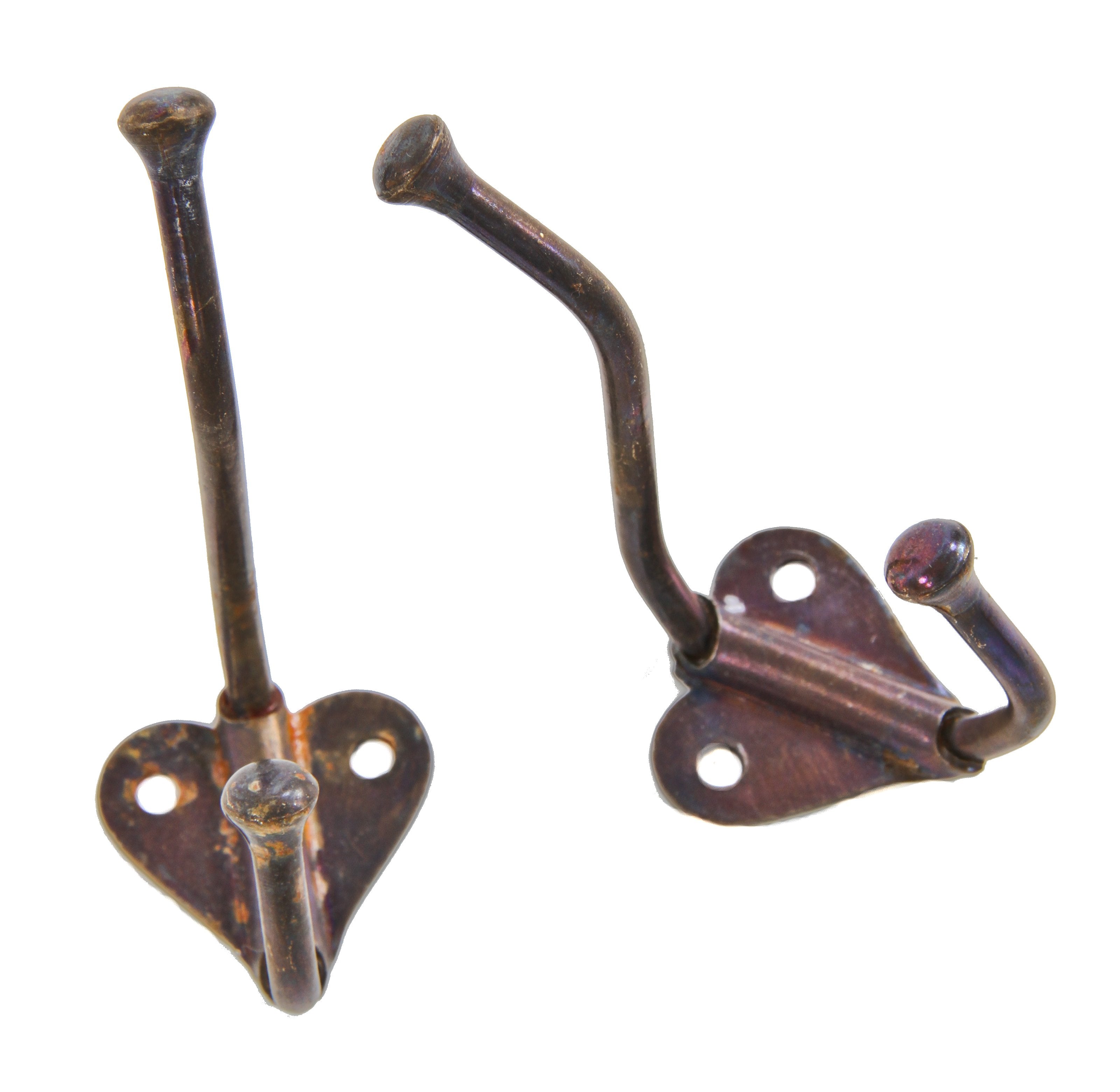 original c. 1920's antique american unornamented cast iron and wrought iron flush mount interior residential copper-plated coat hooks with heart-shaped backplates