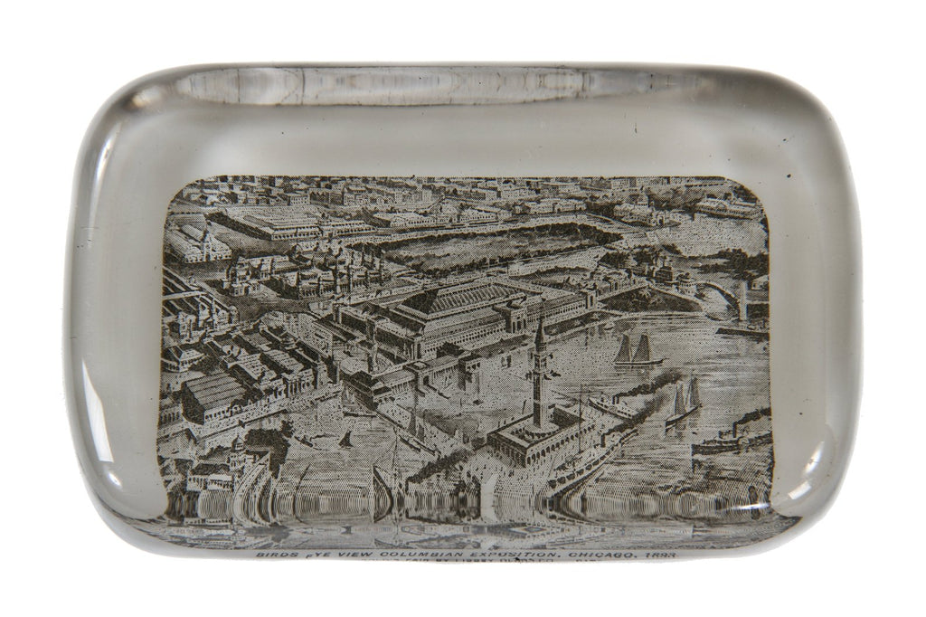 hard to find c. 1893 "world's columbian exposition" solid glass paperweight souvenir with opaque bottom fabricated in the libbey glass kiln located on the fairgrounds