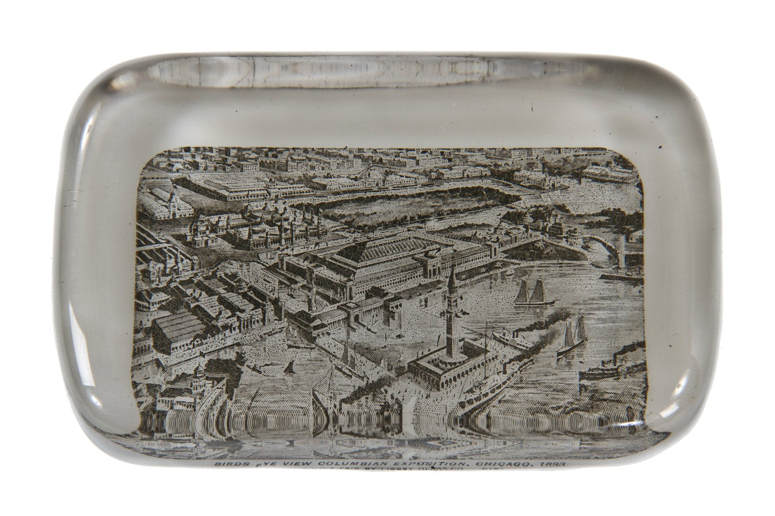 hard to find c. 1893 "world's columbian exposition" solid glass paperweight souvenir with opaque bottom fabricated in the libbey glass kiln located on the fairgrounds