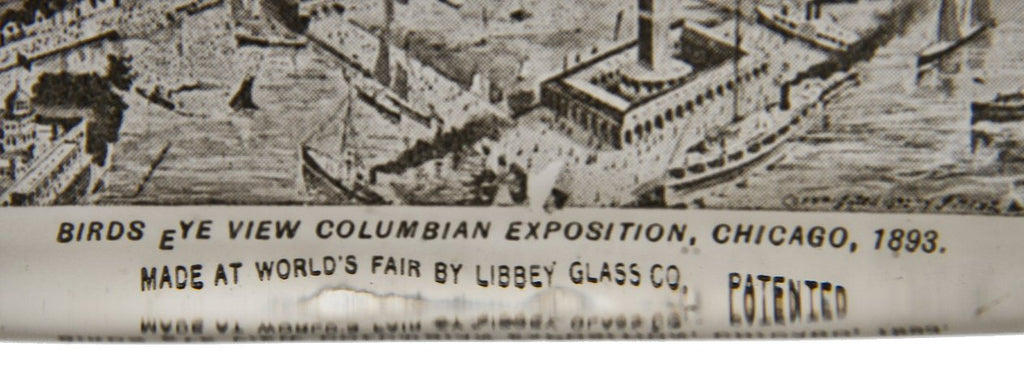 hard to find c. 1893 "world's columbian exposition" solid glass paperweight souvenir with opaque bottom fabricated in the libbey glass kiln located on the fairgrounds
