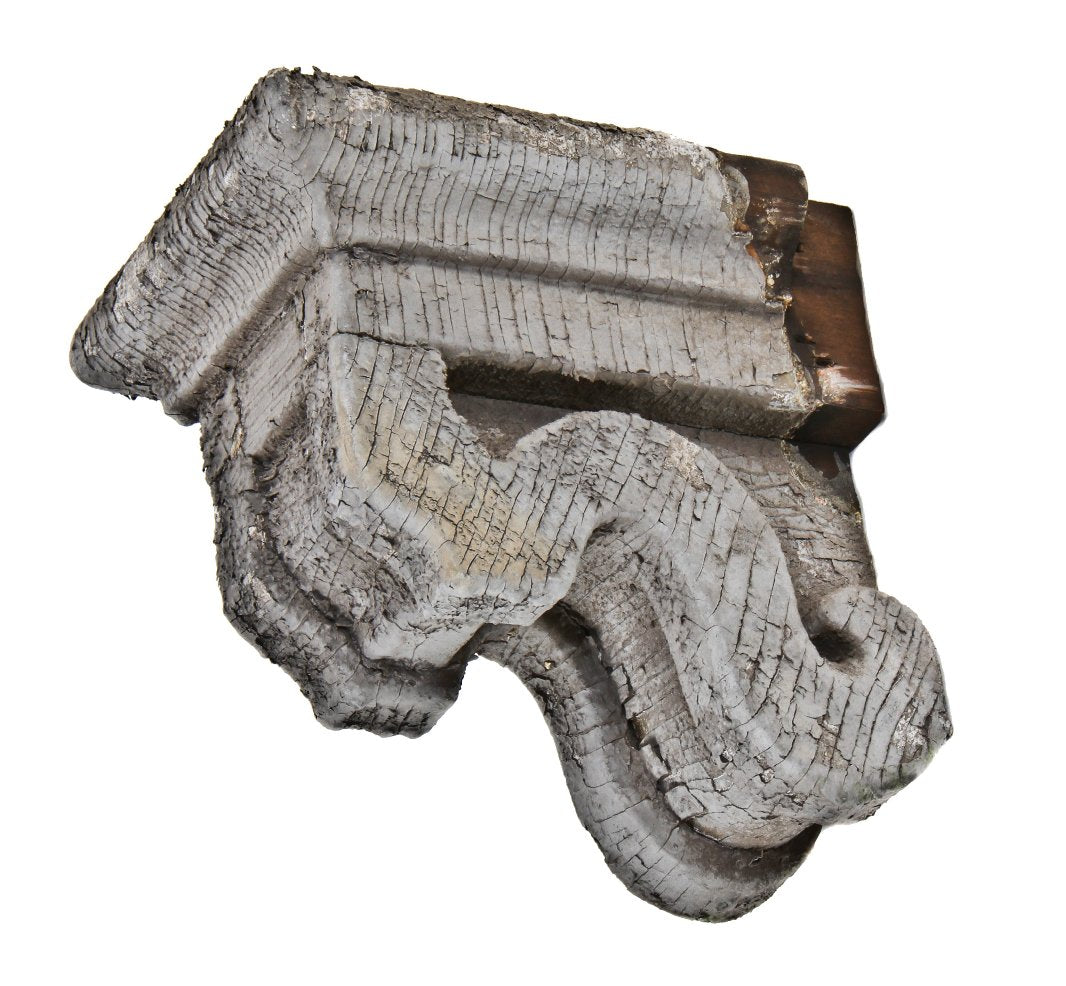 single diminutive early 1860's original antique american italianate style painted pine wood exterior residential bay window denailed bracket or corbel