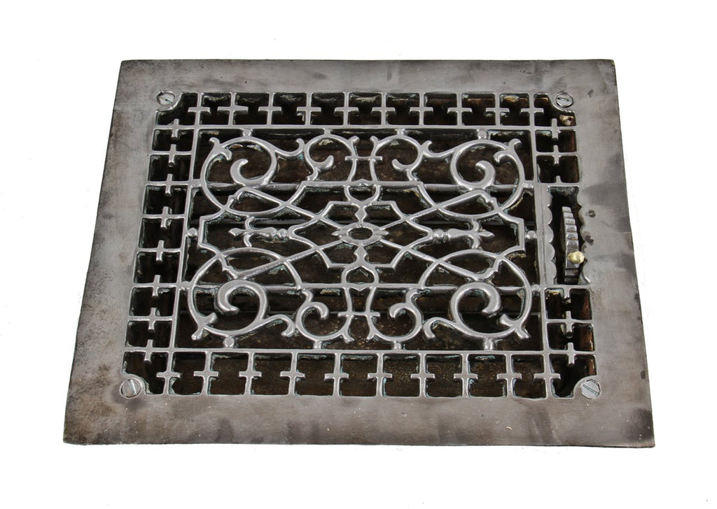 intact 19th century interior residential ornamental cast iron louvered floor or wall tuttle & bailey register or grate with brushed metal surface finish