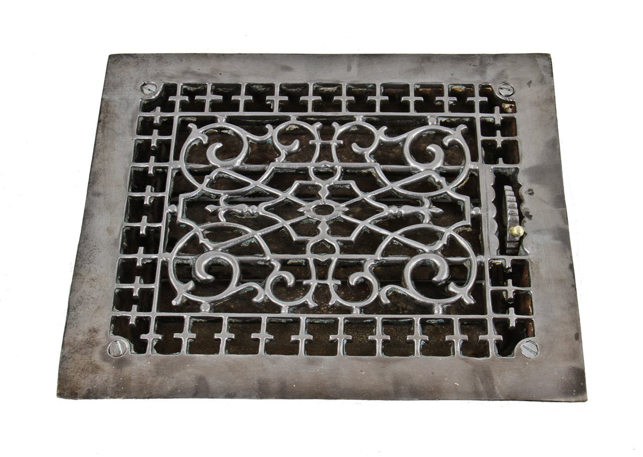 intact 19th century interior residential ornamental cast iron louvered floor or wall tuttle & bailey register or grate with brushed metal surface finish