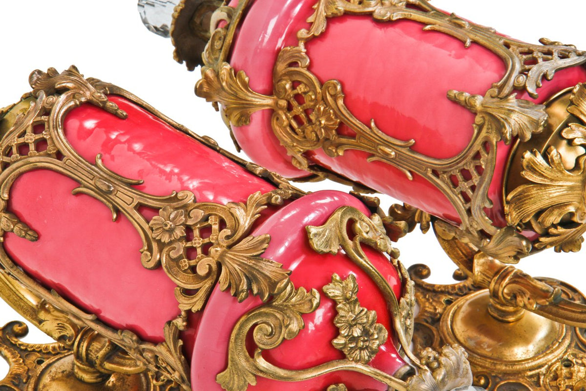 set of two identical and all original c. 1920's american rococo style art glass interior wall-mount uptown theater illuminated cast bronze sconces with largely intact gilded finish