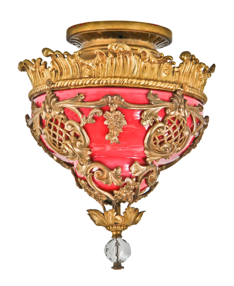 stunning all original and historically important ornamental gilded omolu cast bronze interior uptown theater single electric pendant light with richly colored cased glass shade