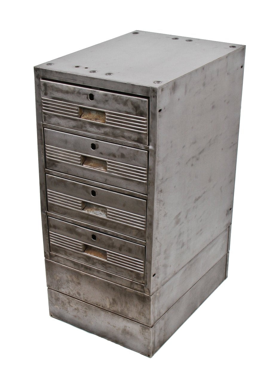 completely refinished american vintage industrial compartmentalized factory machine shop table base or cabinet with deeply recess drawer handles