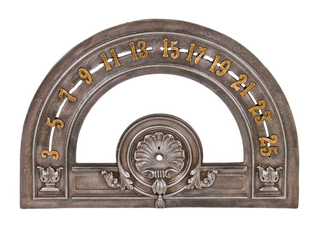 oversize early 1930's american depression era ornamental cast iron arch top city-bank farmers trust building elevator floor indicator plaque with bronze numbers