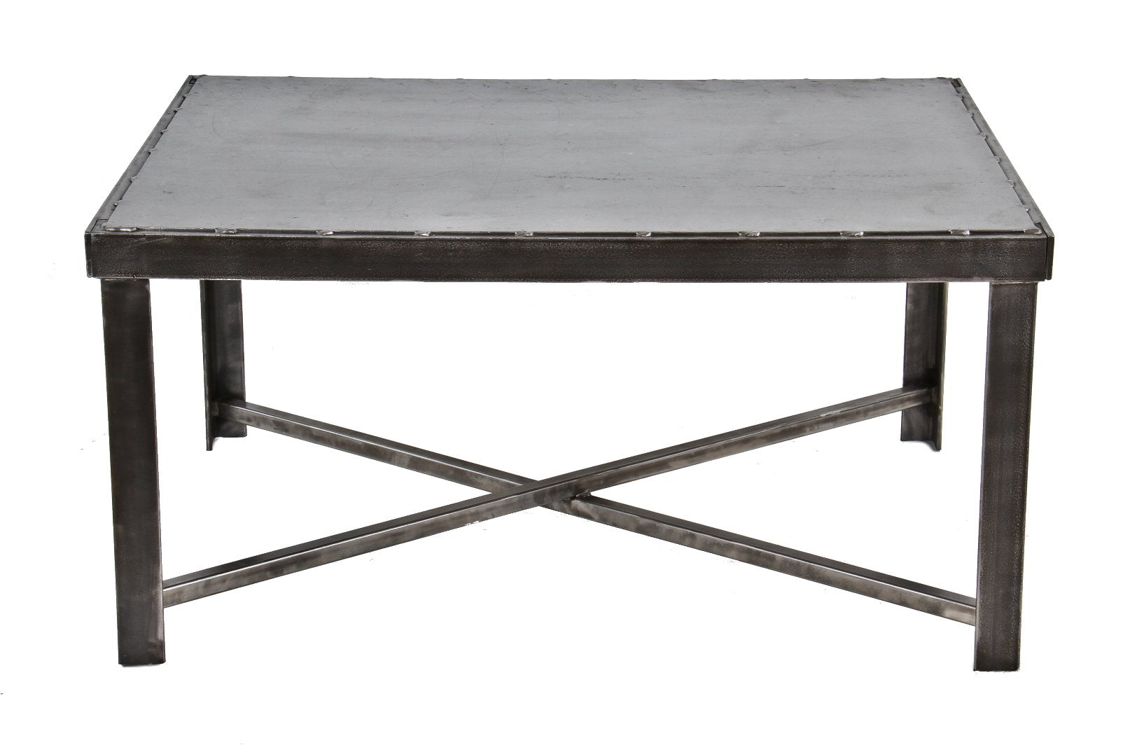 original and intact reconfigured c. 1940's vintage american industrial all-welded joint heavy gauge four-legged steel low-lying coffee table with a sealed bare metal finish