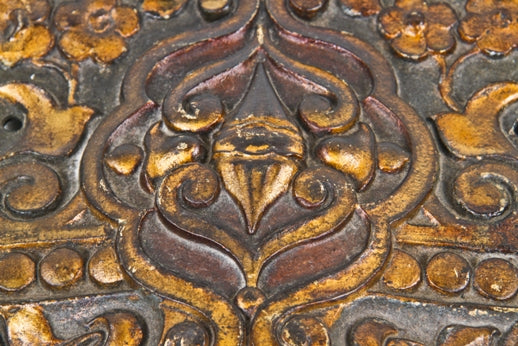 c. 1920's diminutive american ornamental cast iron interior historic oriental theater theater seat end cover plate with original polychromatic enameled finish