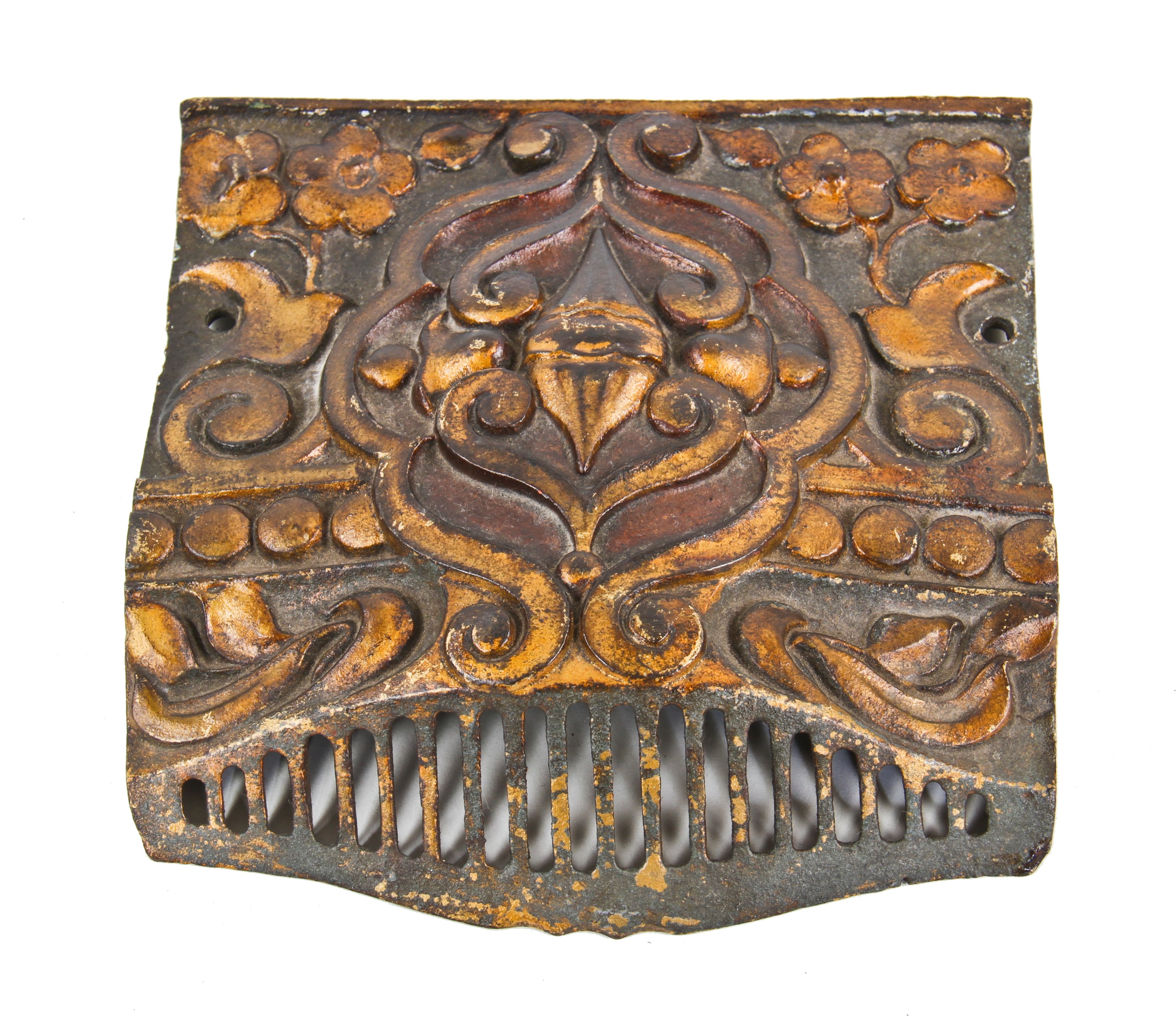 c. 1920's diminutive american ornamental cast iron interior historic oriental theater theater seat end cover plate with original polychromatic enameled finish