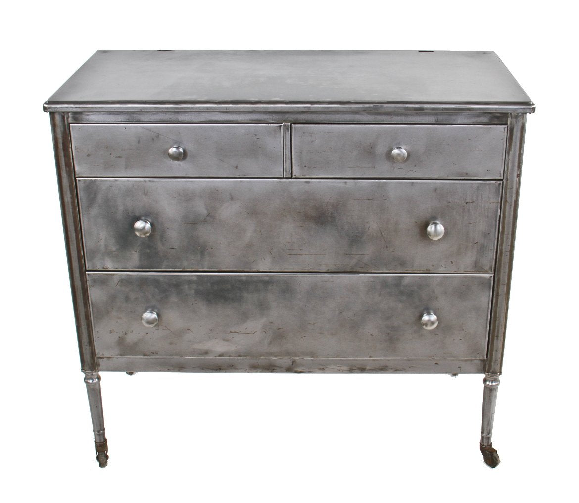 cleaned and refinished original c. 1930's american depression era antique industrial simmons pressed and folded steel multi-drawer hospital room dresser with casters