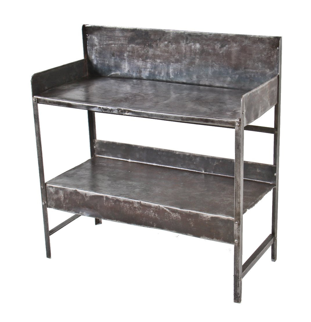 c. 1930's original american vintage industrial two-tier light weight cold-rolled steel "holsum" grocery store bread rack with a sturdy four-legged angle base