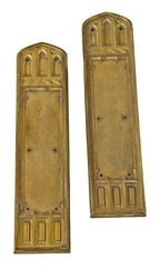 two original and matching early 20th century heavy cast brass gothic style interior chicago church vestibule door push plates with highly detailed tracery