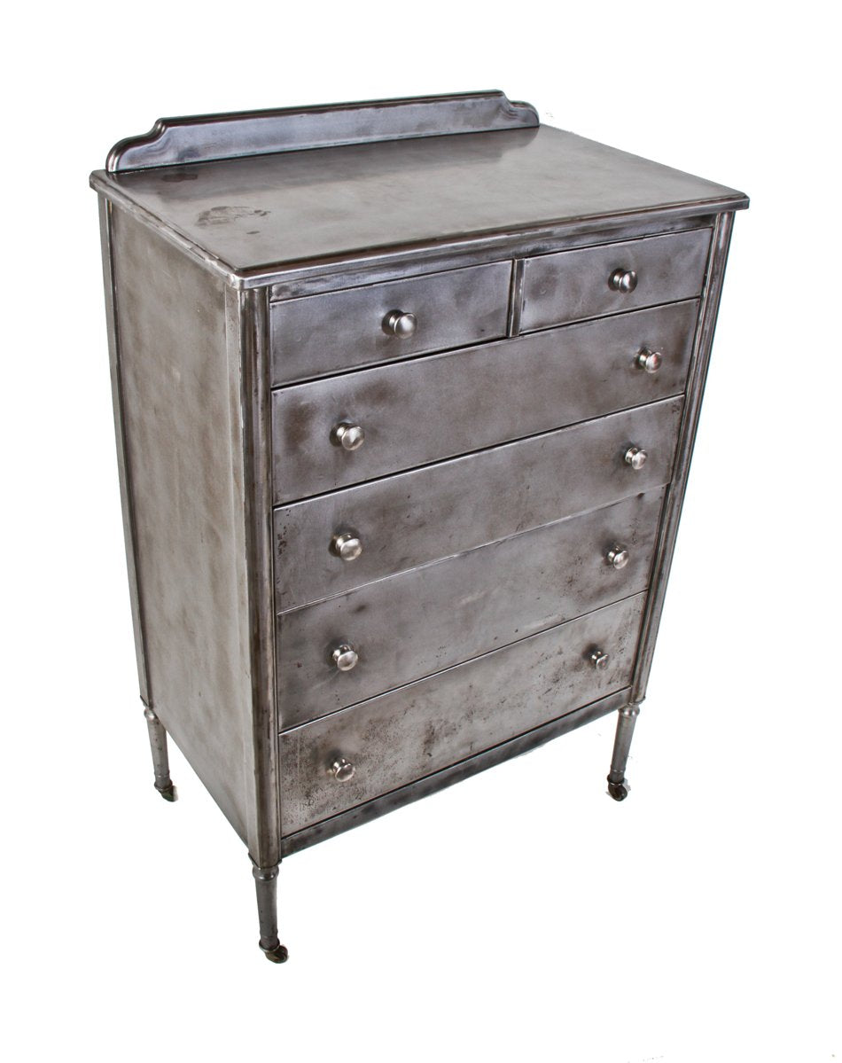 refinished c. 1930's american industrial mobile four-legged pressed and folded steel simmons multi-drawer chicago hospital room dresser cabinet with original casters