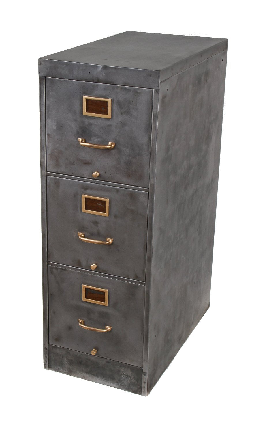 original c. 1920's american antique industrial factory office three-drawer stationary pressed and folded steel filing cabinet with intact yellow brass handles and placard holders