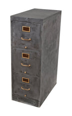 original c. 1920's american antique industrial factory office three-drawer stationary pressed and folded steel filing cabinet with intact yellow brass handles and placard holders