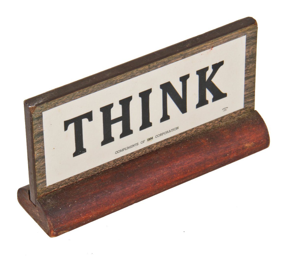 late 1940's collectible original and intact late 1940's american industrial double-sided laminated wood "think" table or desk ibm advertising plaque or coporate gift