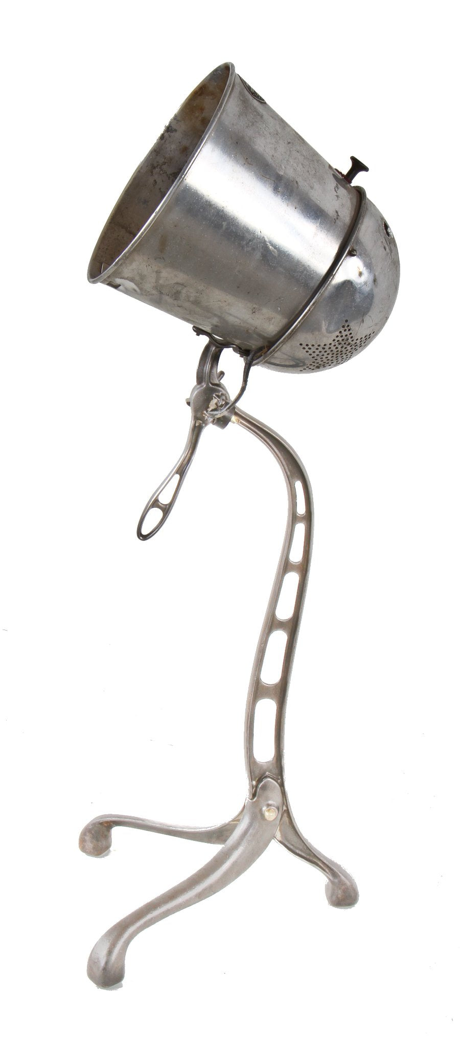 refinished early 1920's american antique medical "fischer" twin carbon electric light therapy floor lamp with unusual ornamental cast iron three-legged stand