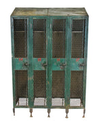 rare and highly sought after early 20th century largely intact "expanded metal type" green painted federal freestanding locker unit with hand-painted red numbers