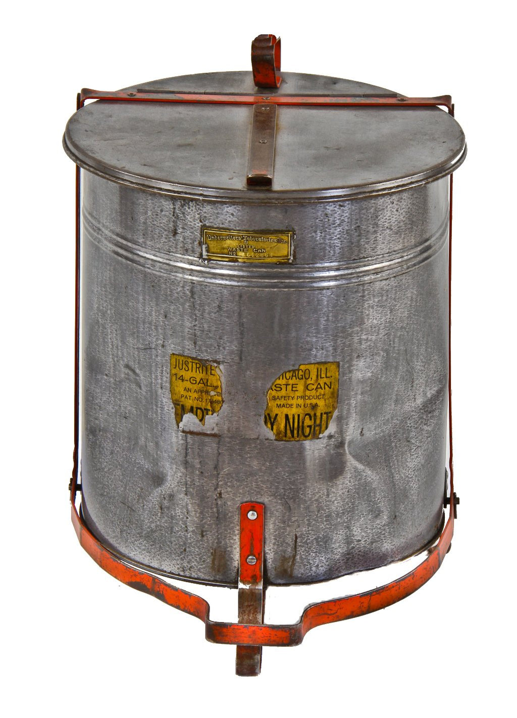 hard to find early "justrite" stationary cylindrical-shaped galvanized steel foot-operated oily waste can salvaged from a chicago public school boiler room