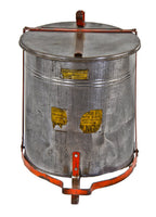 hard to find early "justrite" stationary cylindrical-shaped galvanized steel foot-operated oily waste can salvaged from a chicago public school boiler room